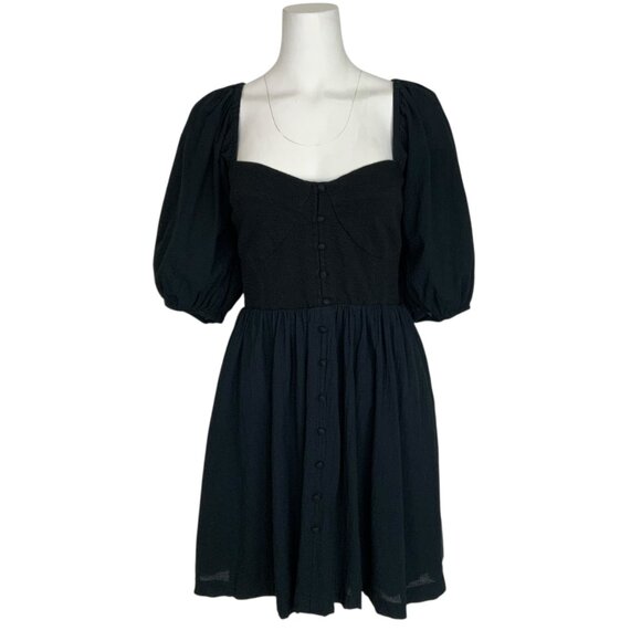 Anthropologie Maeve Sweetheart Mini Dress L Black Puff-Sleeve Pockets Romantic - Picture 1 of 12